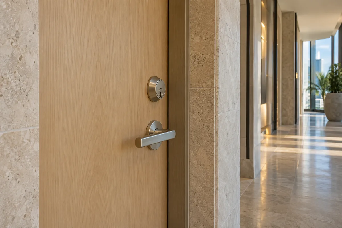 Illustrative apartment door with a handle, keyed cylinder and visible door frame
