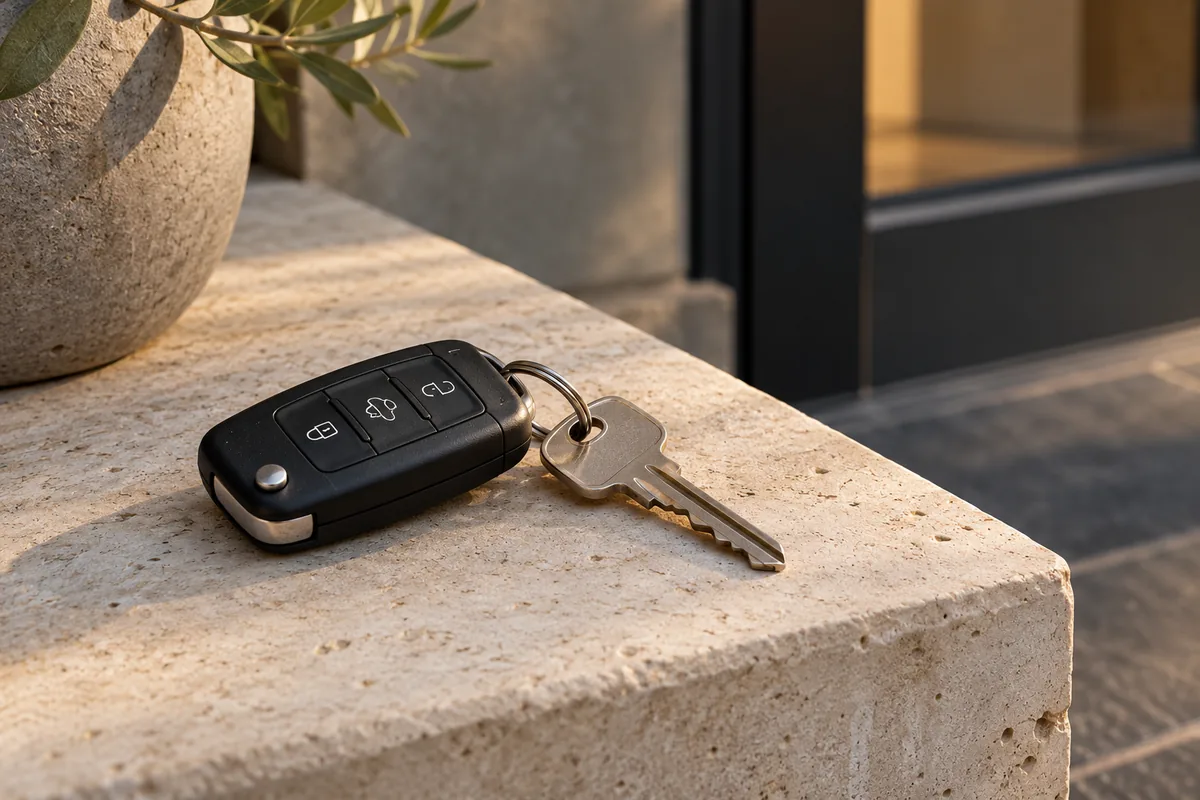 Representative car key fob and metal key on a stone ledge near a contemporary entrance
