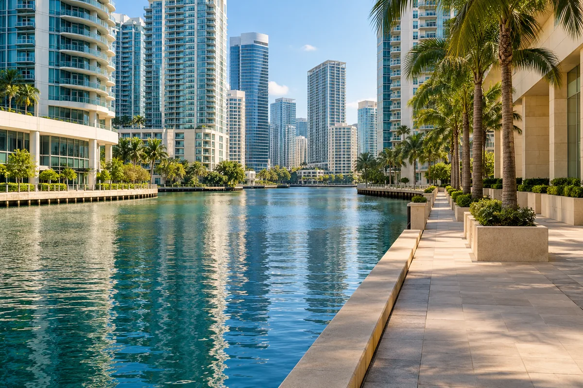 Representative urban waterfront inspired by the Miami River and contemporary downtown buildings